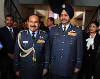 (left) Air Chief Marshal Arup Raha with the newly appointed Air Marshal BS Dhanoa after a press conference at Akash Officers' Mess in New Delhi, India on 28th December 2016. (Photo: Jitender Gupta/Outlook). (left) Air Chief Marshal Arup Raha with the newly appointed Air Marshal BS Dhanoa after a press conference at Akash Officers' Mess in New Delhi, India on 28th December 2016. (Photo: Jitender Gupta/Outlook).